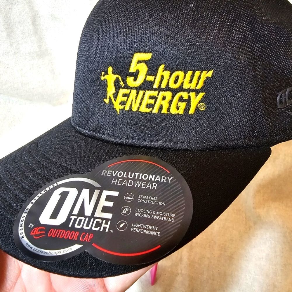 5 Hour Energy One Touch Seam Free Hat Outdoor Cap Black M/L Brim Sticker